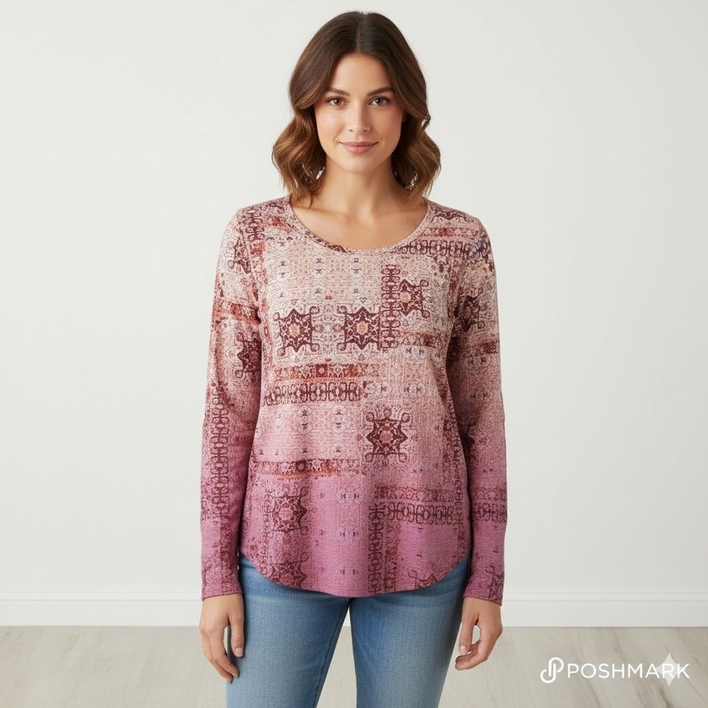 Sonoma Goods For Life Boho Patchwork Ombre Women's Medium Long Sleeve Crew Tee